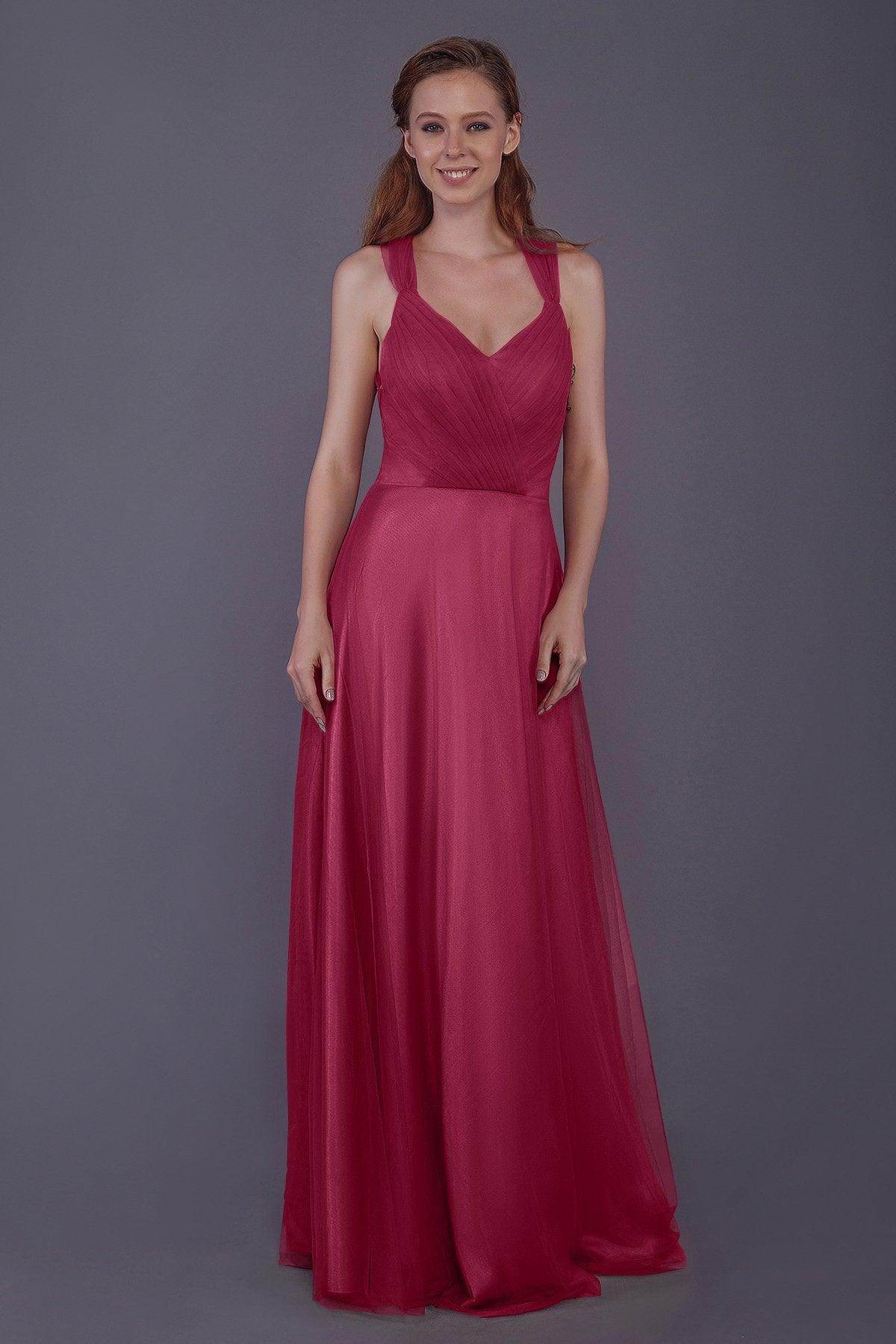 Sheath-Column Floor Length Tulle Bridesmaid Dress PR3496 - COCOMELODY